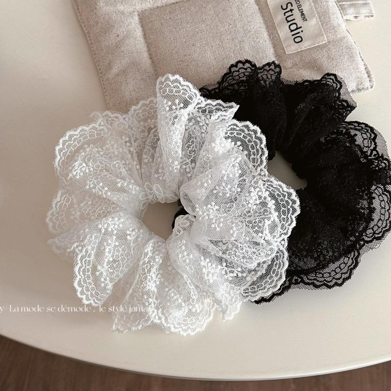 French Black White Lace Embroidery Flower Large Intestine Hair Band Ball Head Hair Rope Head Flower High Quality Hairaccessories