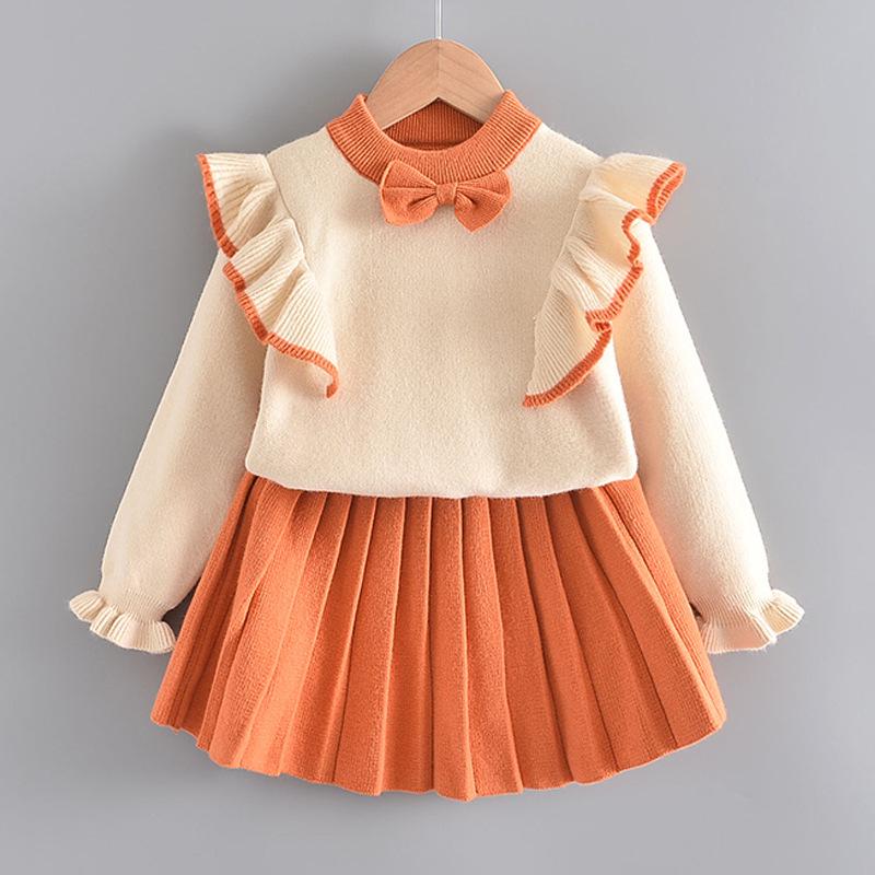Mädchen Strickpullover & Kleid Set mit Fliegenärmeln - Koreanischer Stil, Frühling/Herbst Mode, Zweiteiler für kleine & mittlere Kinder
