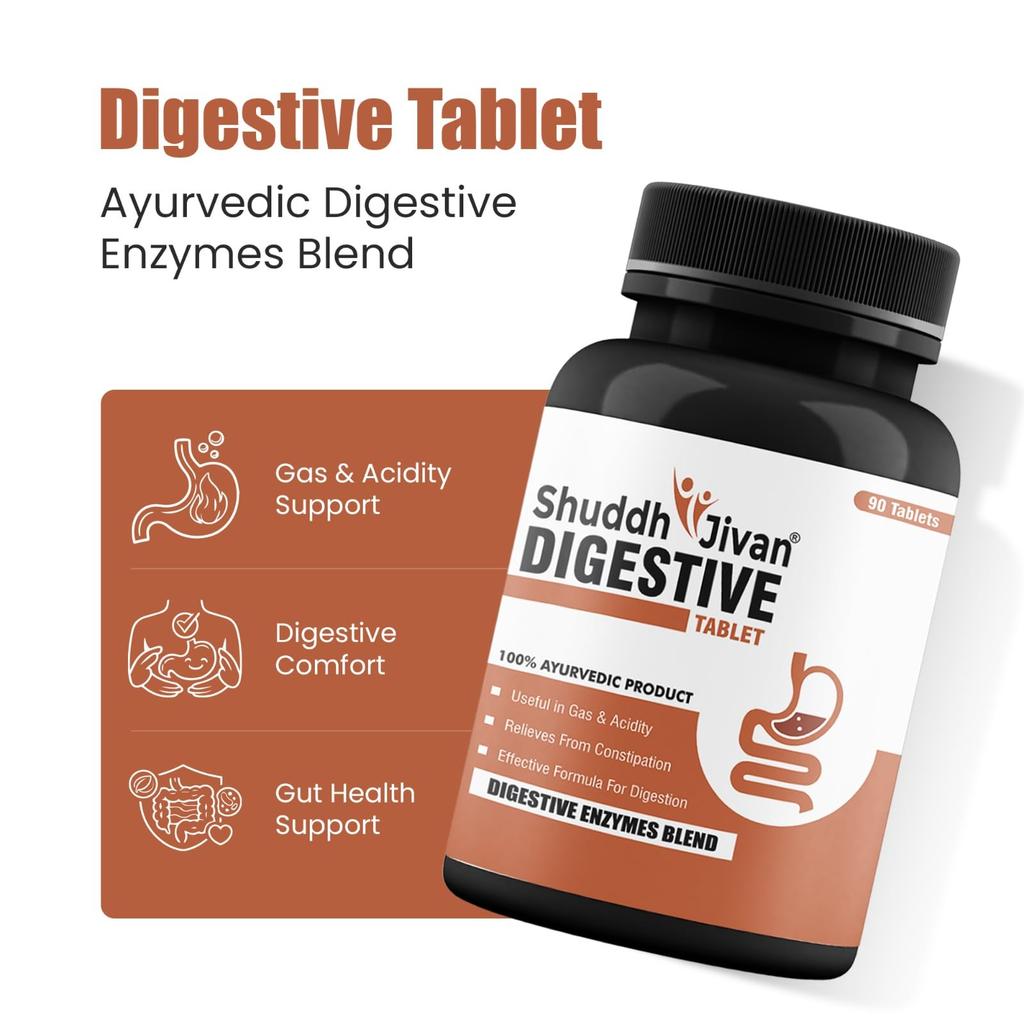 ShuddhJivan Digestive Tablet - Ayurvedic Supplement for Digestion - Supports Digestive Health, Relieves Indigestion & Gas - Triphala, Jerra and A