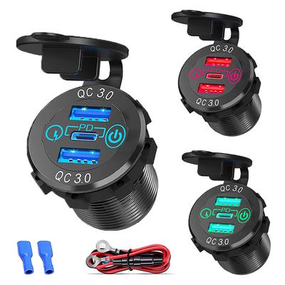 12V 24V Multiple USB Outlet PD 20W USB-C Dual QC3.0 Ports with Power Switch Car USB Port 12V Socket for Car RV Boat Marine Truck