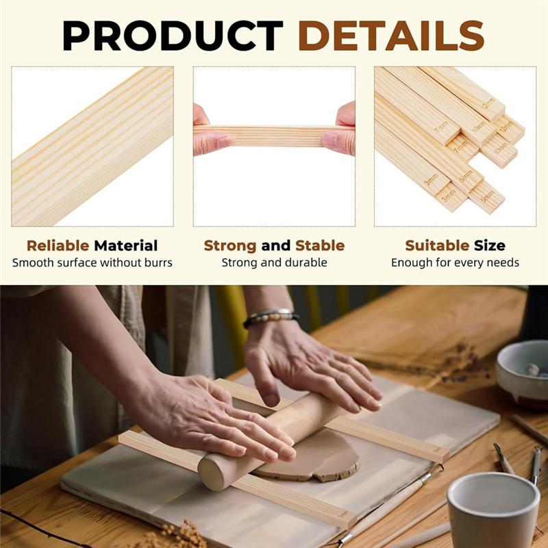 B97A-10 Pcs Pottery Tool Clay Tools Set, Rolling Mud Stick Guide, 5 Size Mudboard Wooden Strips