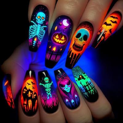 Celebrate Halloween In Style with 24 Pcs Press-On Nail, Including Spooky Skeletons, Pumpkins, and Bats Designs