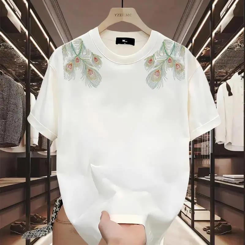 

Men s Peacock Feather Embroidery Short Sleeve T-Shirt, Luxury Crew Neck Knit Top, Casual Fashion Embroidered Tee S белый