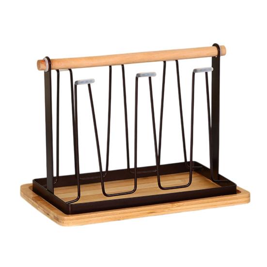 Iron Cup Drying Rack with Wood Handle & Drip Tray Baby Bottle Dryer Holder Space-Saving Countertop Organizer for Mugs