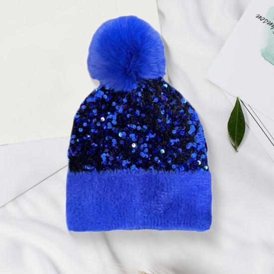 Women Knitting Hat Plush Ball Decor Shiny Sequins Decor Brimless Hat Winter Warm Furry Bucket Hat Headwear