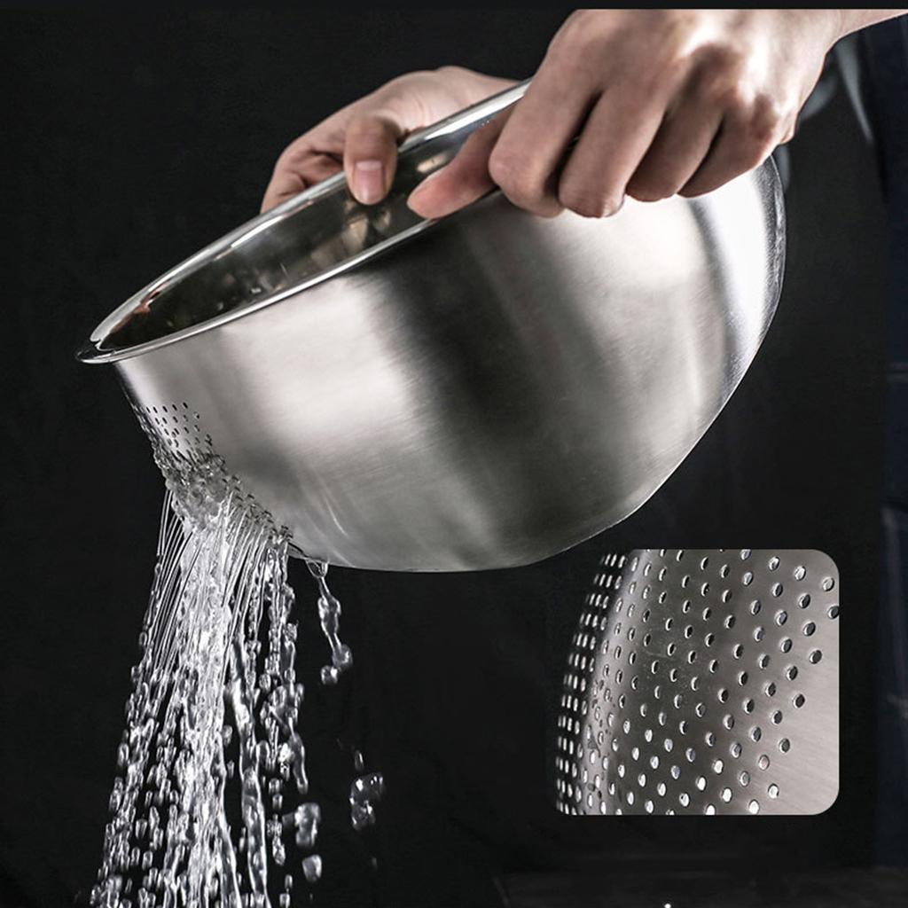 

Stainless Steel Rice Washing Bowl with Side Drainers Cleaning Washing Mesh Strainer Net Baskets Steaming, Draining & Rinsing