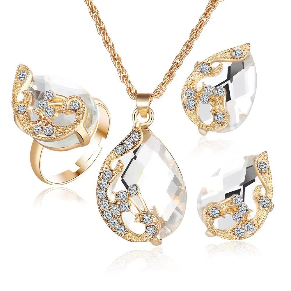 3PCS Peacock Gemstone Lady Jewelry Set Temperament Shiny Crystal Waterdrop Necklace Hoop Earring Ring Gold Color Evening Jewelry