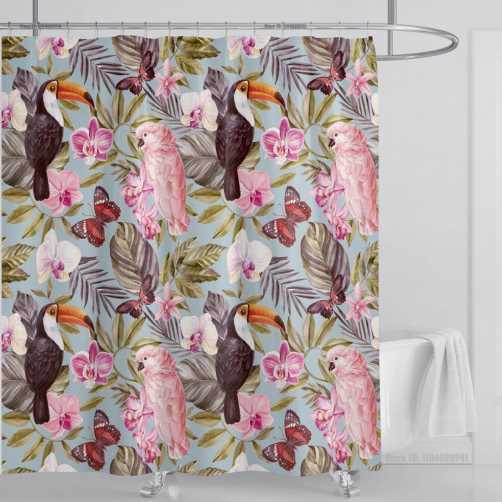 Bohemian Shower Curtain Tropical Jungle Wildlife Bathroom Set Modern Pink Aesthetic Parrot Floral Bathroom Curtain With Hooks