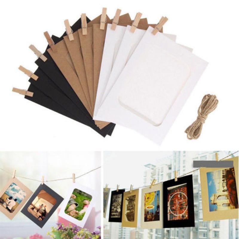 10 Paper Photo Frames with Clips and String for Creative Wall Art Display