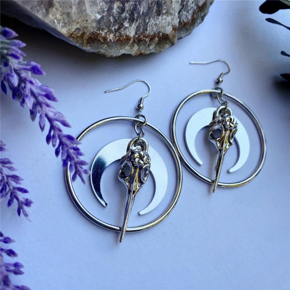 Gothic Sliver Color Large Circle Moon Crow Bird Pointed Mouth Skull Dangle Earrings for Women Men Hallowmas Party Jewelry Gifts