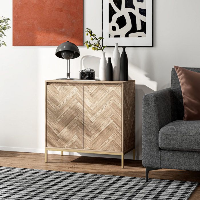 Meuble de rangement - HOMCOM - 2 portes à chevrons, étagère réglable et pieds en acier - dim. 78 x 40 x 78 cm - chêne