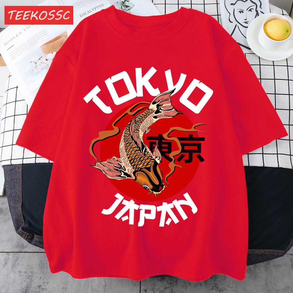 Harajuku Tokyo Japan Koi Fish Print Men T Shirts Hip Hop ONeck TShirt Soft Cotton Male Sportswear Casual Comfortable Clothes