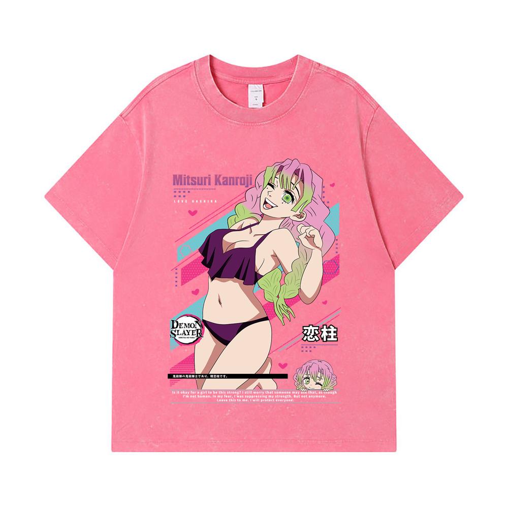 275 GSM Washed T-shirts 100% Cotton Demon Slayer V52 Mitsuri Waifu Print Unisex Heavy Cotton T Shirt