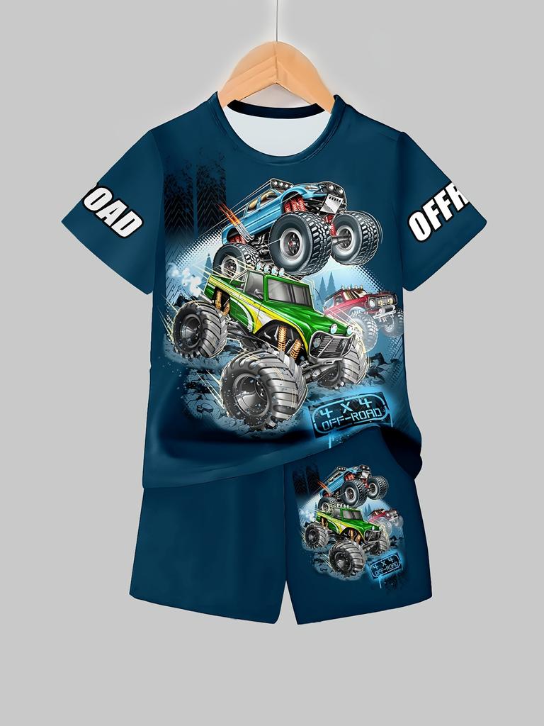 3D Monster Truck spaudinio laisvalaikio trumpomis rankovėmis marškinėlių ir šortų madingas komplektas vasaros žaidimams Laisvalaikio šortų berniukų ir mergaičių komplektas