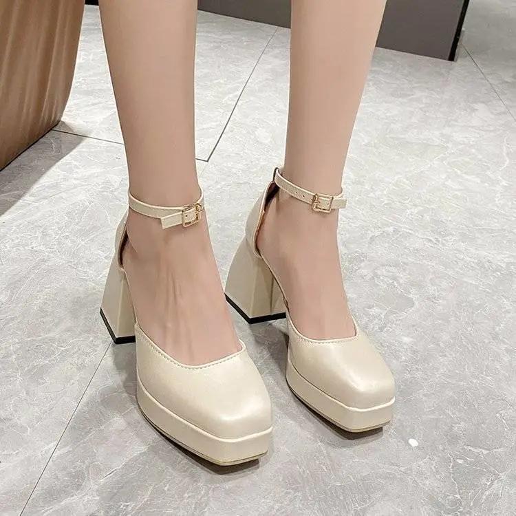 Large Size Women's Shoes 2025 Wide Fat Summer New Single Shoes Thick Heel High Heels Sandals French Mary Jane Small Leather Shoes
