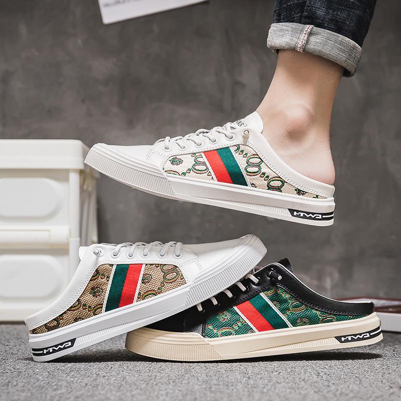 Men's shoes spring men's lazy canvas board shoes one pedal men's half drag heel-less new trendy shoes slippers