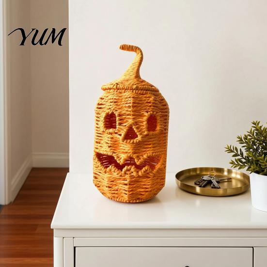 Dekorativer Aufbewahrungskorb für den Herbst, handgewebte Kürbislaterne, Vintage rustikale Halloween-Dekoration, hohles Lächeln, mehrstufige Party-Zubehörteile