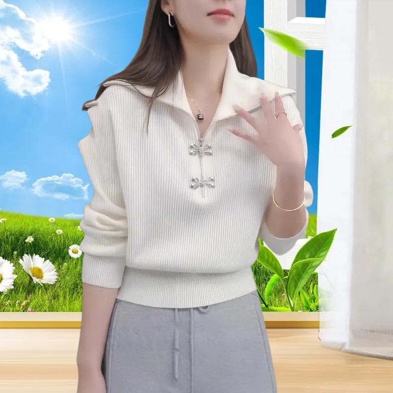

Simple high-end sense of fashion temperament lapel niche knitted sweater women s autumn and winter new high-end chic sweater average size