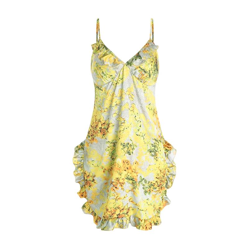 Sexy Nightgown Women Deep V Satin Yellow Floral Print Nightgown with Breast Pad For Women Sling Nightgown