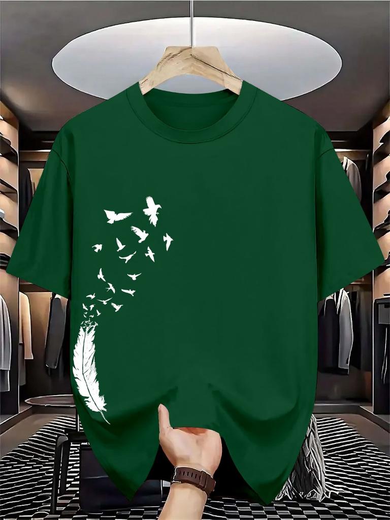 Men's Summer Casual Loose Fashion Creative Bird Pattern Print Crew Neck T-Shirt