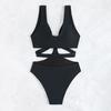 Sexy One-piece Swimwear V-Neck Sleeveless High Waist Monokini with Iron Ring Bandage Solid Color Quick Drying One-Piece Bikini