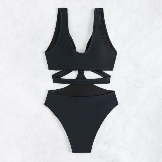 Sexy One-piece Swimwear V-Neck Sleeveless High Waist Monokini with Iron Ring Bandage Solid Color Quick Drying One-Piece Bikini