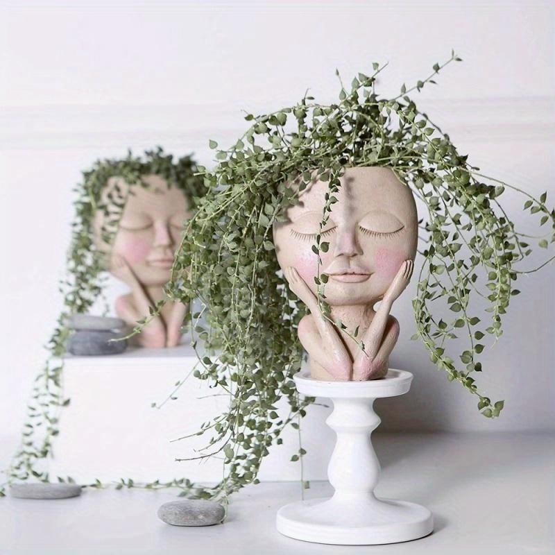 Face Flower Pot Head Planter Pot Succulent Planter Resin Decor W/ Drainage Hole