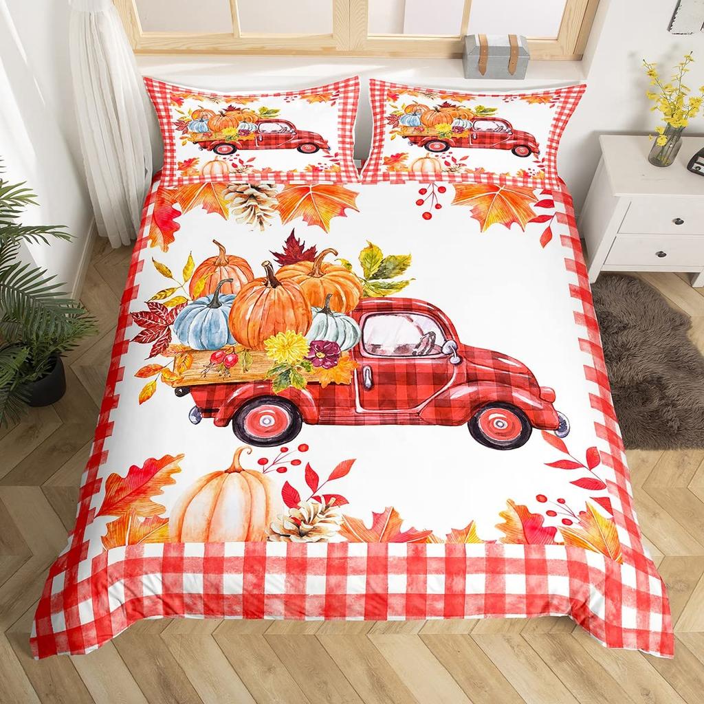 Cartoon Dwarf Dwarf Duvet Cover Queen for Kids Girls,Fall Leaves Pumpkin Bedding Set Autumn Gnome Turkey Maple Leaf Quilt Cover