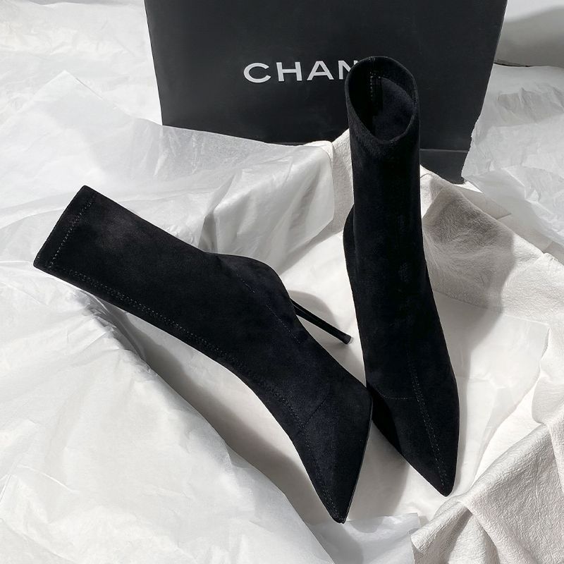 Socks Boots High Heel Thin Heel Pointed Apricot Korean Version Short Boots Women Thin Boots Suede Monsoon