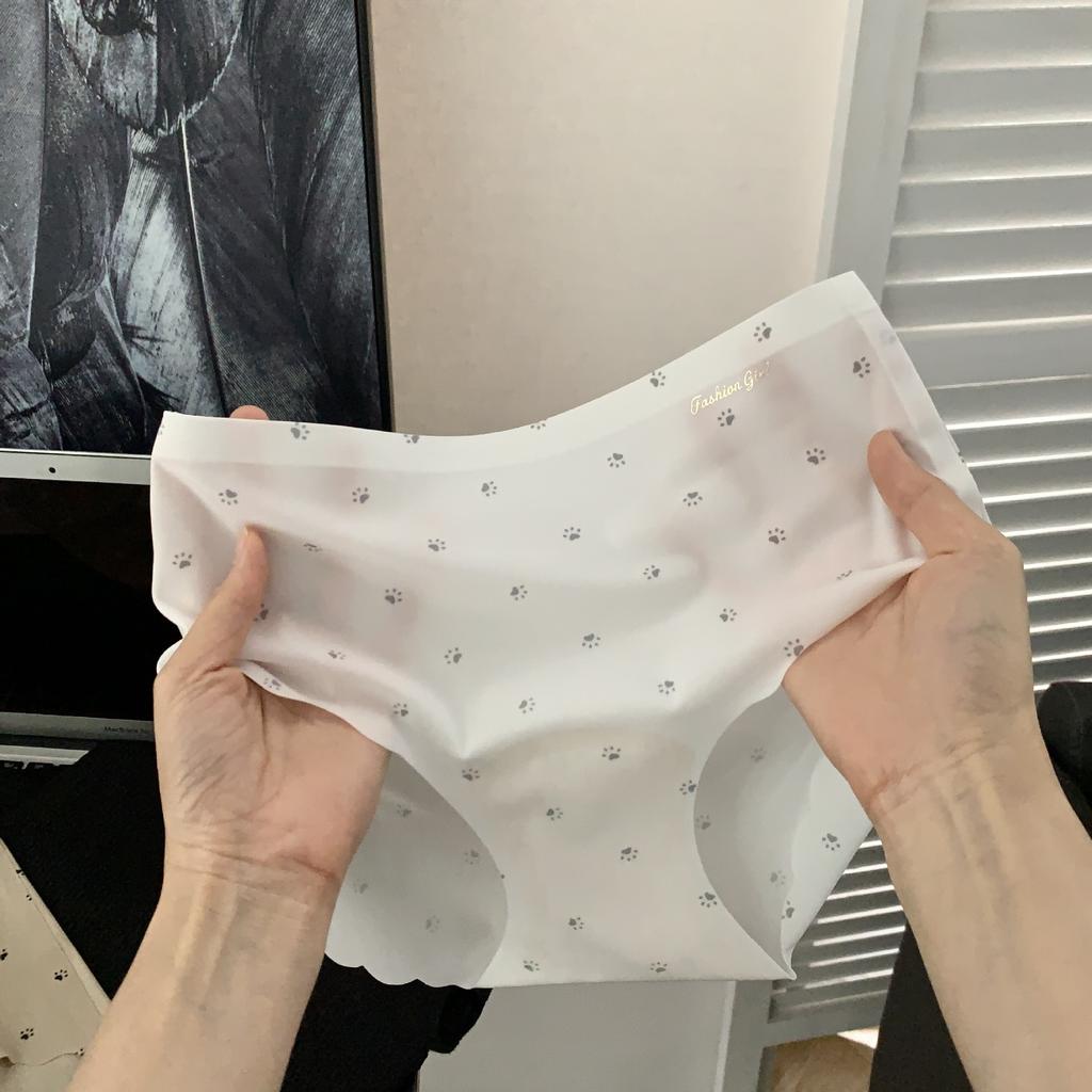 Ladies Summer Cat Footprints Print Ice Leather Quick Drying Peach Hip Non Hip Hip Mid Low Waisted Briefs