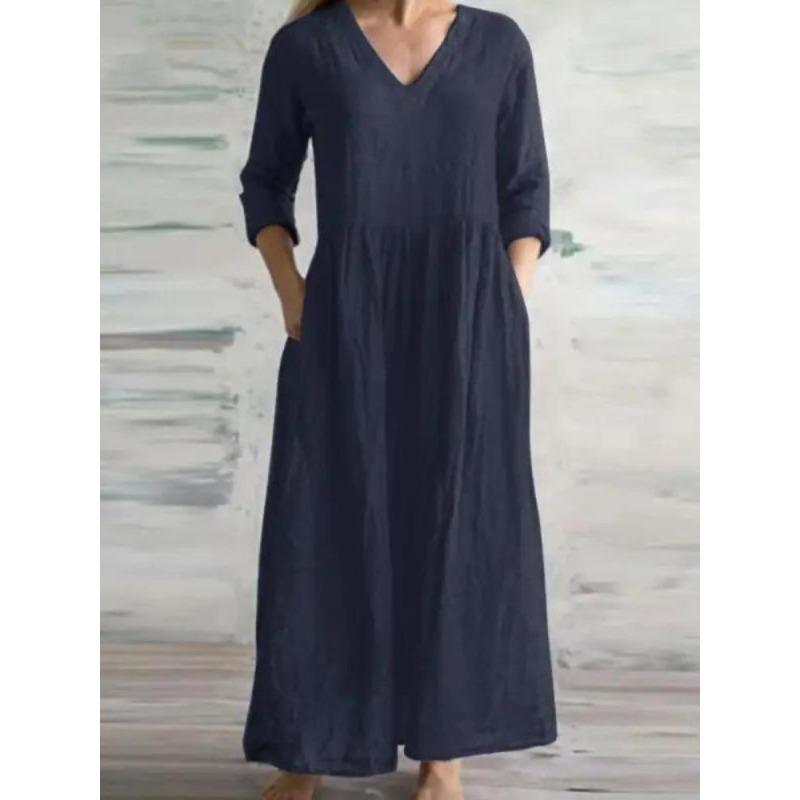 Neues Damen Freizeit V-Ausschnitt Halbarm Locker Langes Maxi Kleid Schlichter Stil Baumwolle Leinen Frühling Herbst Vestido Damenkleid