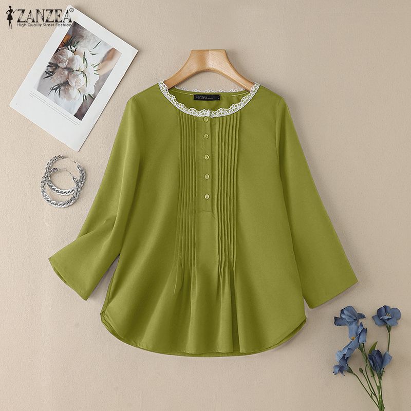 ZANZEA Women Lace Splice Round Neck 3/4 Sleeve Loose Blouse