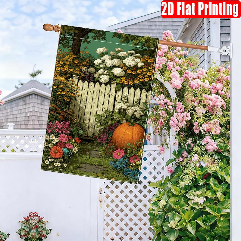 2D Flat - 2D Printing, 1pc Autumn Colored Floral Fence And Pumpkin Print_1 (2) 2D Printed Double-Sided Garden Flag, Solely The Flag Surface Flagpole N