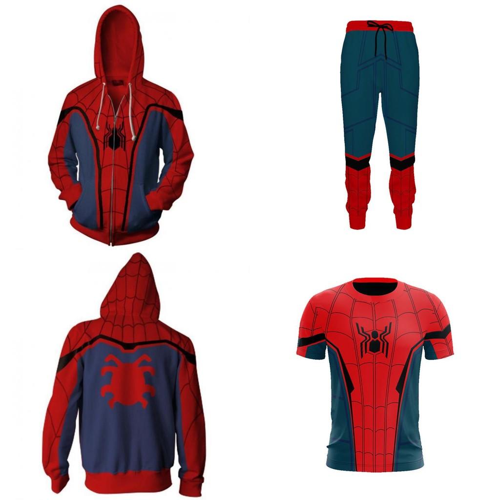 Felpa con zip T-shirt Pantaloni Set Spiderman Hip Hop Marvel Costume Cosplay
