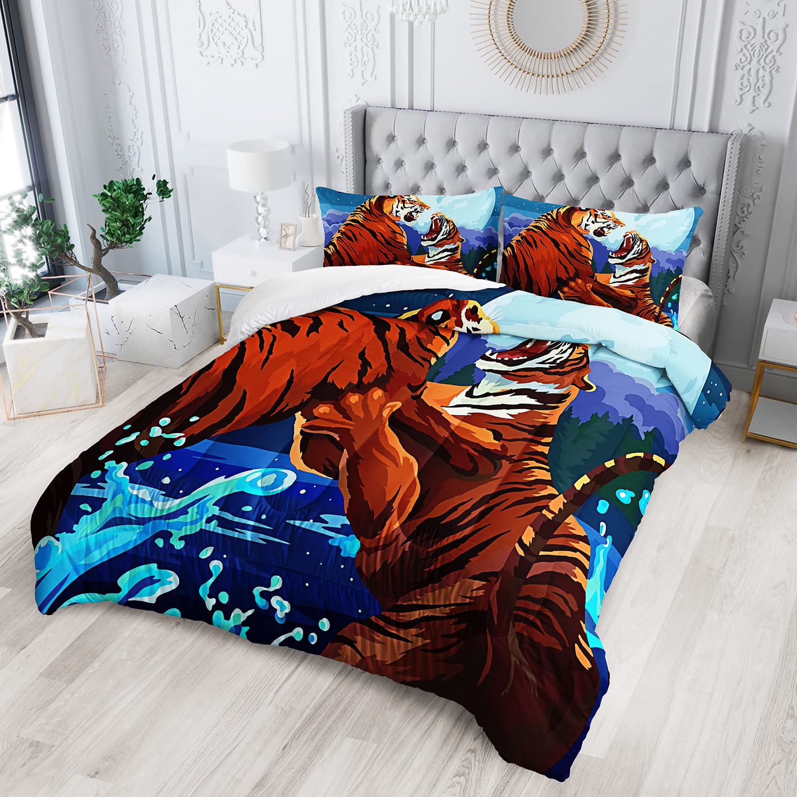 Comforter Tiger Comforter Set 3D Tiger Lying On The Stump Pattern With Zipper Ties Wild Animal Theme Bedding Set For Kid Comforter (quilt)-EU Single(135*200cm)3pcs