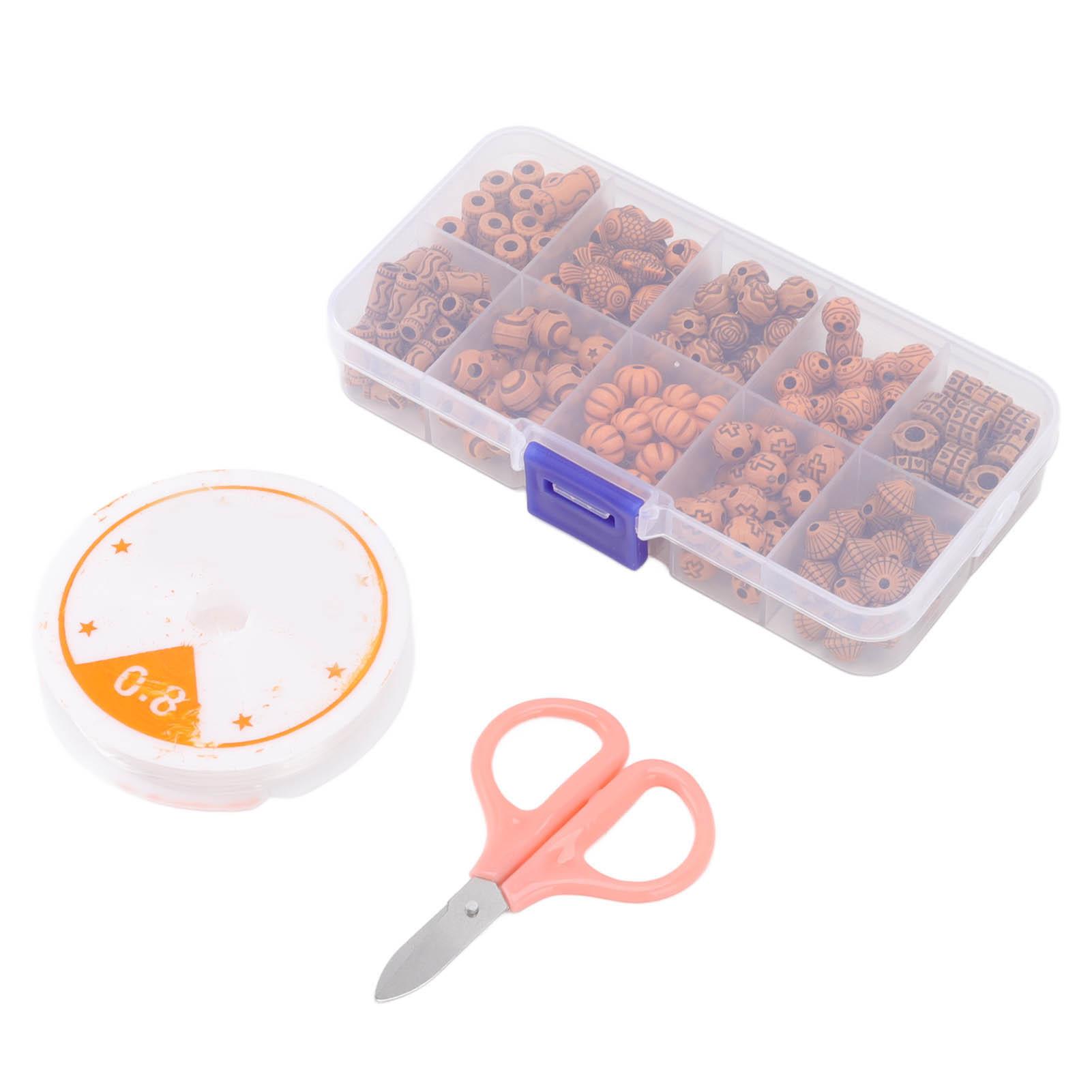 

199Pcs Imitation Wood Beads DIY Handcraft Large Hole Stripe Beads Preservative Resin Vintage Beads with Scissors Thread