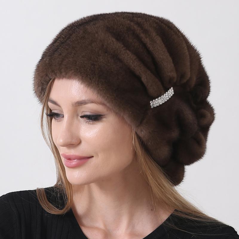 Women's Winter White Snow Hat Luxury Natural Mink Fur Christmas Hat, Warm Soft Fluffy Trapper Cap for Outdoor Cold Weather