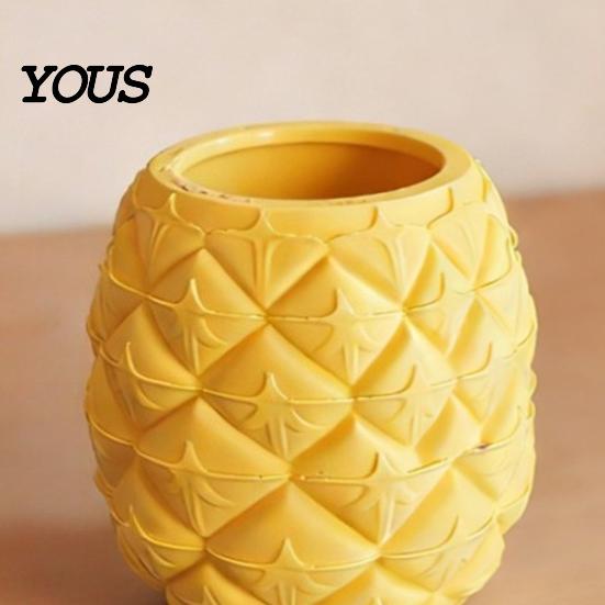 Small Flowerpot for Desk 3D Printed Pineapple Shaped 2-in-1 Pen Holder & Plant Pot, Bright Yellow Pens Rhombus Texture Cup, Multi-Use Container