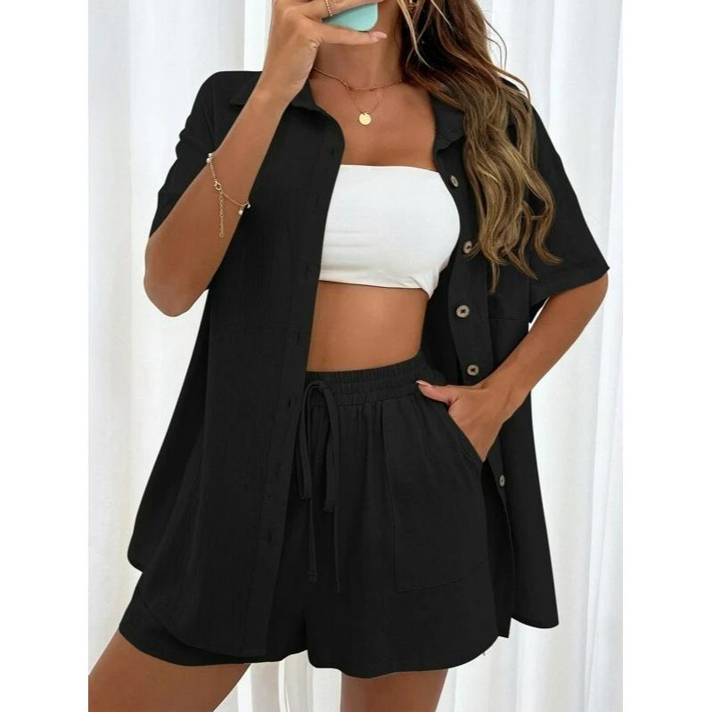 Fashion Shorts Two-piece Solid Color Shirt Suit Women's Casual Loose Short-sleeved Single-breasted