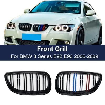 M Kleur Dubbele Lijn Grilles Voor BMW E92 E93 M3 2006-2009 Hoge Kwaliteit Voorbumper Nier Grille Glanzend Zwart ABS Kunststof