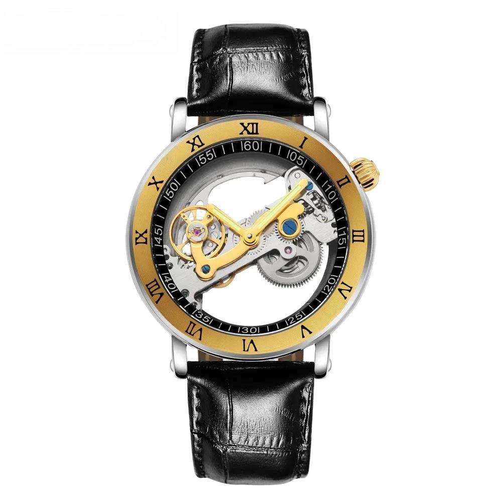 New Men's Watch Tourbillon Mechanical Watches Transparent Hollow Automatic Self Wind Watches Leather Band Skeleton Relojes
