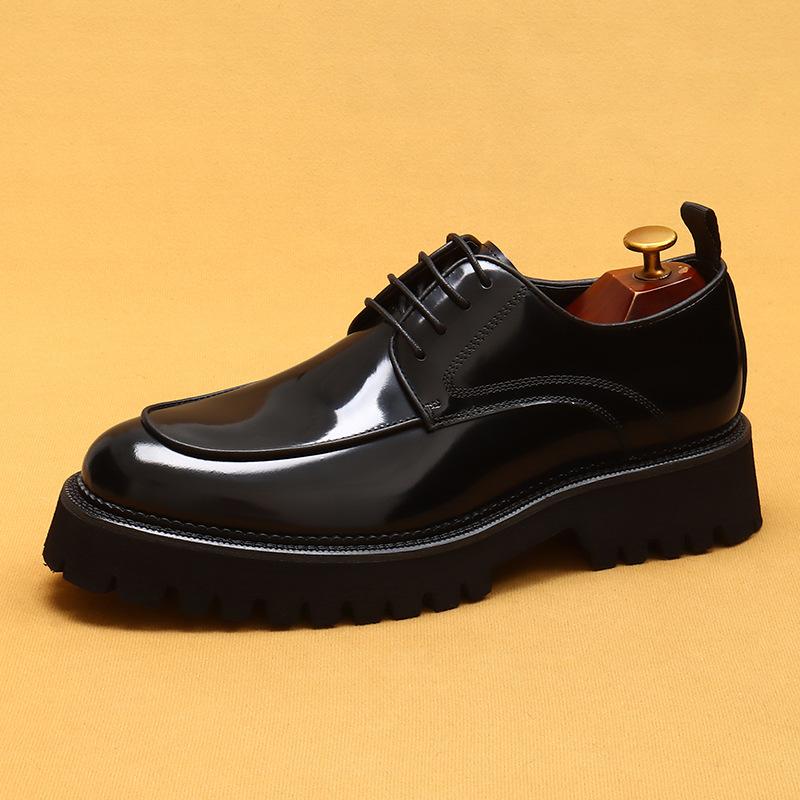 Platform Leather Shoes Men'S Round Head Bright Leather Business Casual Shoes Genuine Leather British Shoes