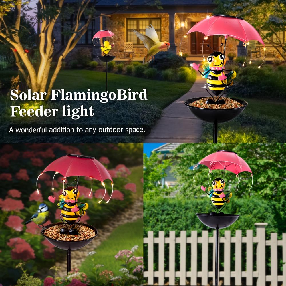 Outdoor Iron Waterproof Statue Light Simulation Animal Solar Light with Bee and Flamingo Frog and Hummingbird Feeder Function,for Garden Decoration