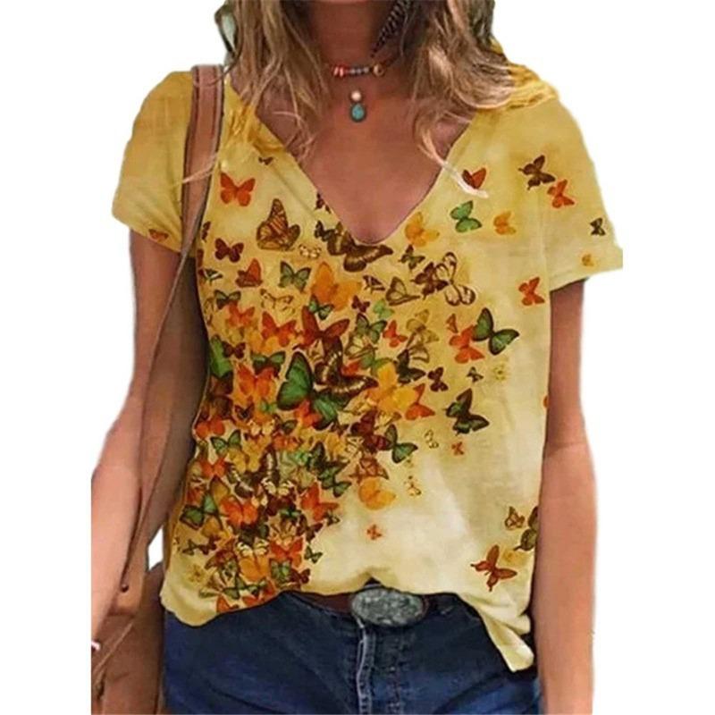 Summer Women's Loose Multicolored V-neck Printed Short Sleeved T-shirt for Women