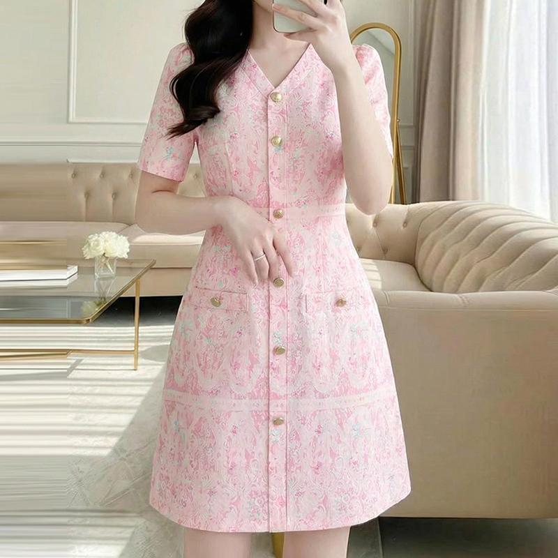 ZANZEA Women Elegant Print Casual V-Neck Summer Short Sleeve Dress M розовый