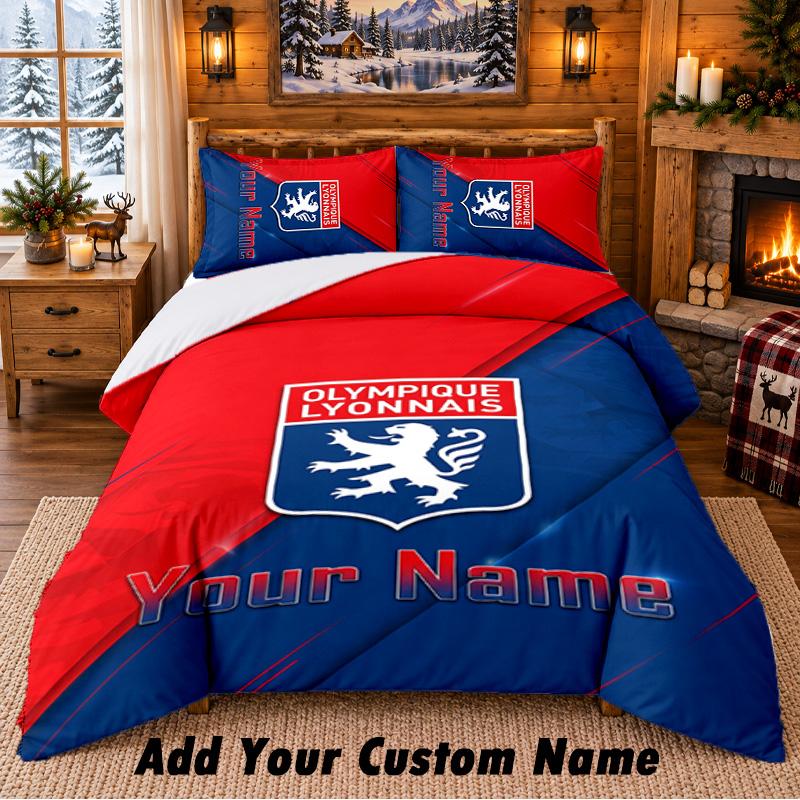 Lyon FC Pattern Bedding 3Pcs Set Custom Name, Bed Sheet And Pillowcases For Home Bedroom