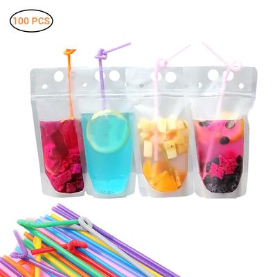 100pcs Clear Drink Pouches Bags Frosted Zipper Stand Up Plastic Drinking Bag with Straws