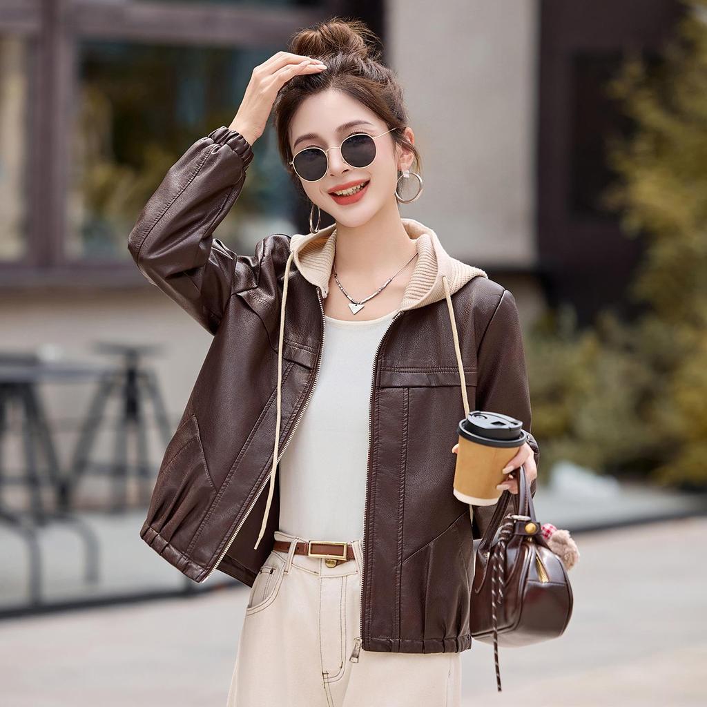 Women's Genuine Leather Short Jacket with Detachable Knitted Hood - Italian Style Casual Lambskin Coat