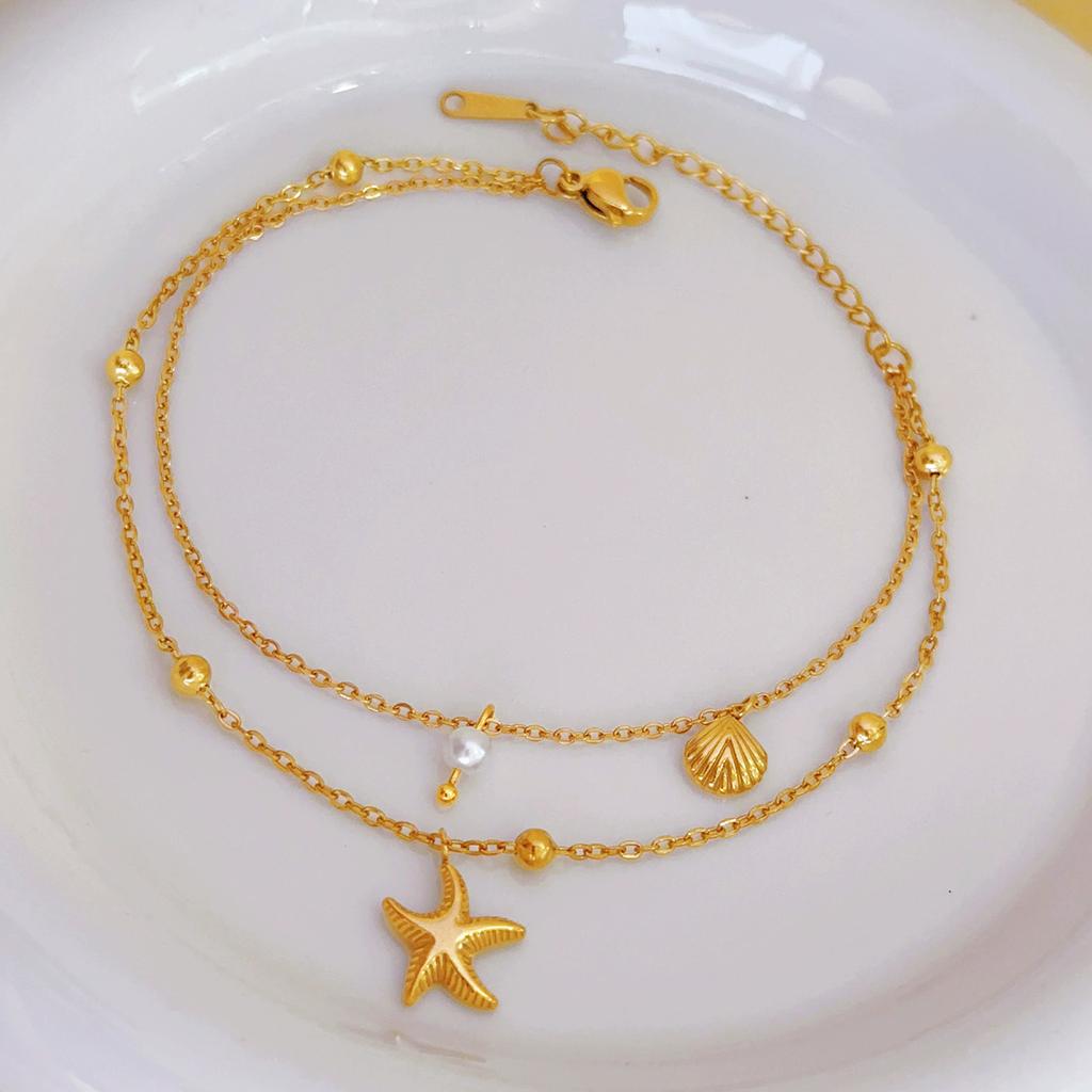 316L Stainless Steel 2025 New Fashion Waterproof  2-layer Pearl Shell Starfish Charming Chain Anklets