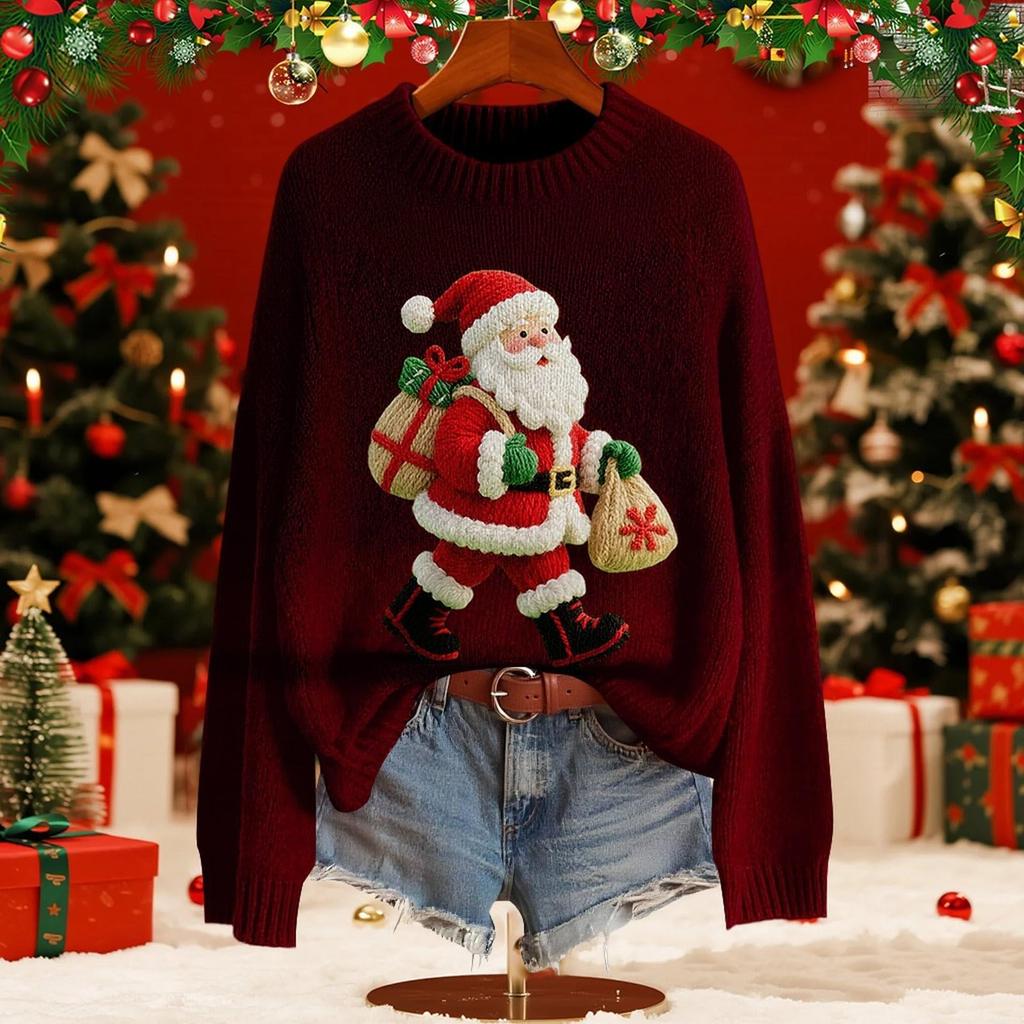 Women's Fashion Christmas Print Pullover Long-Sleeve  Neck Knit Sweater Top